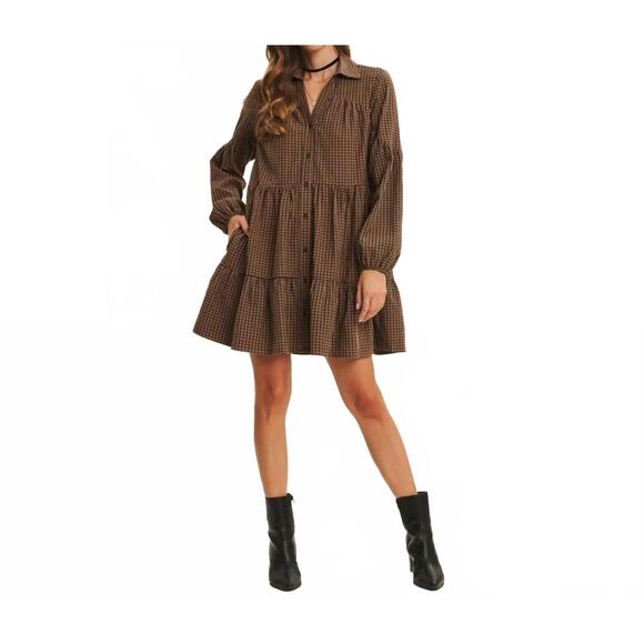 IN FEBRUARY Dresses & Skirts - NEW IN FEBRUARY abigail plaid tiered babydoll mini dress in brown